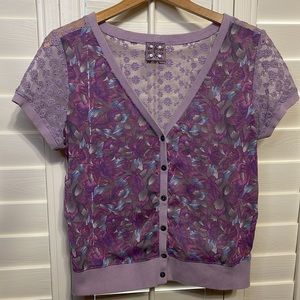 Free People Lavender Floral Lace Back Short Sleeve Button Up Top M/M